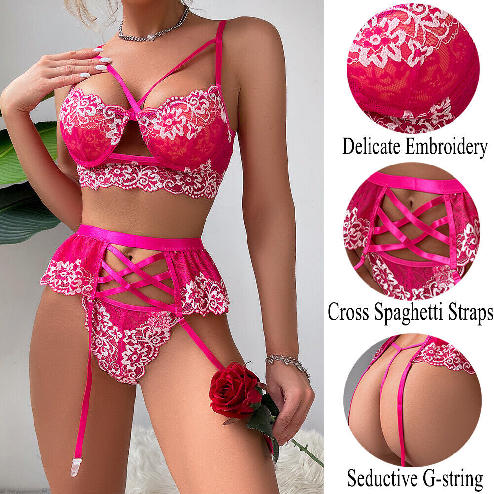 Women'S Sexy-Lingerie Lace Babydoll Bra Thong Set Sleepwear Underwear Nightwear